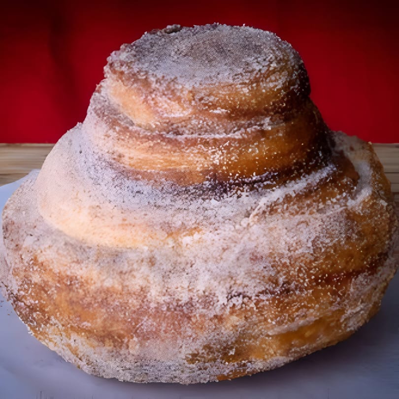 A House of Bagels cinnamon roll, generously coated with powdered sugar, against a red background.