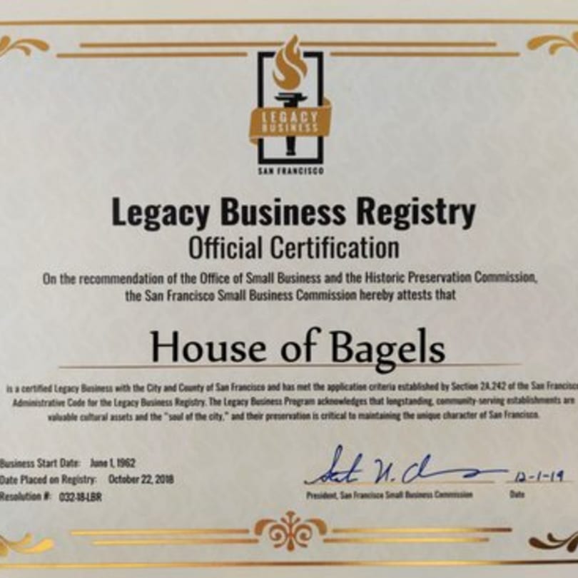 House of Bagels' Legacy Business Registry Official Certification from San Francisco.