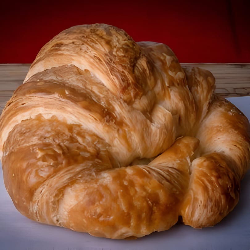 Golden-brown croissant with flaky layers on a white surface against a red background.