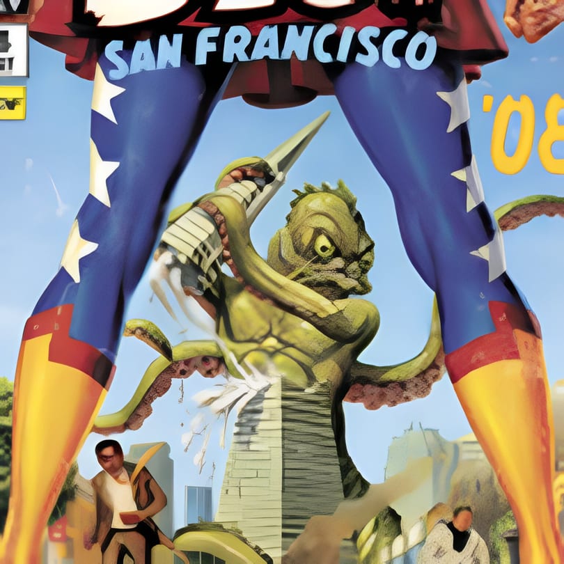 A giant monster with tentacles attacks a city, with a superhero's legs visible above.