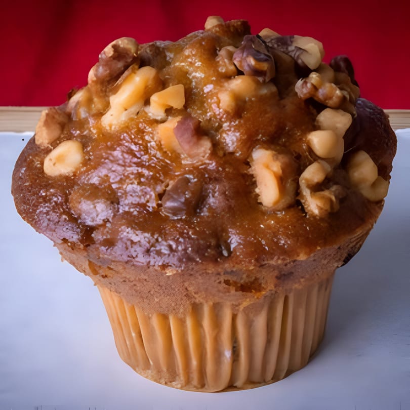 A close-up of a golden-brown muffin topped with walnuts, against a red background.